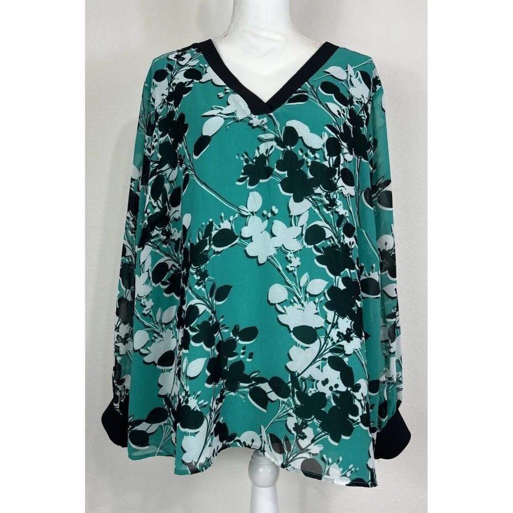 Calvin Klein Black & Green Floral Pullov Long Sleeve Blouse Plus Size 2X (18/20)